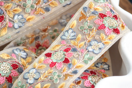 1 yard-Pink Red floral thread embroidery ribbon on mesh fabric-rose pink, red, sky blue, green and ochre yellow-sequin highlights