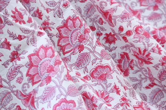 1 yard-Red and pink floral hand printed cotton fabric-Red, pink and beige floral vines -girls dress fabric/quilting/decor