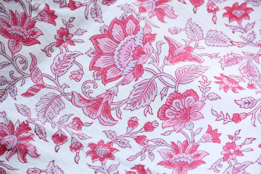 1 yard-Red and pink floral hand printed cotton fabric-Red, pink and beige floral vines -girls dress fabric/quilting/decor