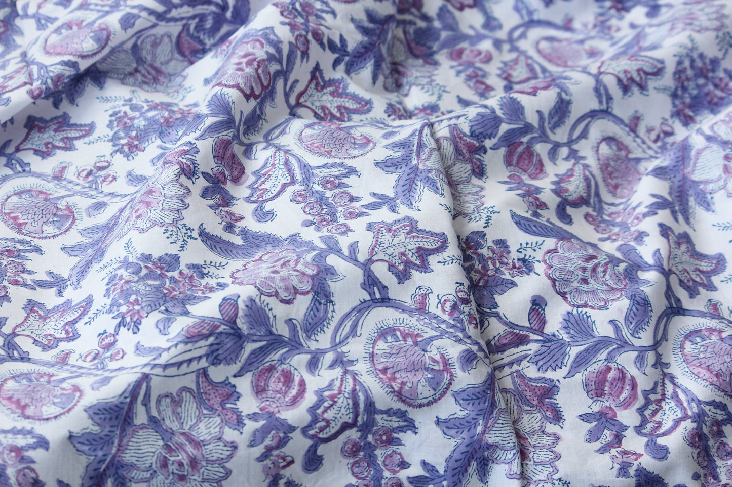 1 yard-Purple and pink floral hand printed cotton fabric-Purple, pink and mauve floral vines -girls dress fabric/quilting/decor