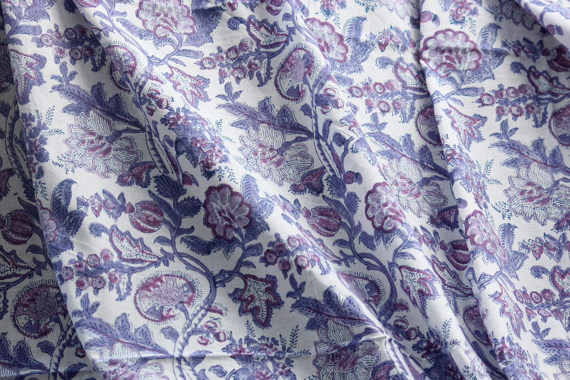 1 yard-Purple and pink floral hand printed cotton fabric-Purple, pink and mauve floral vines -girls dress fabric/quilting/decor