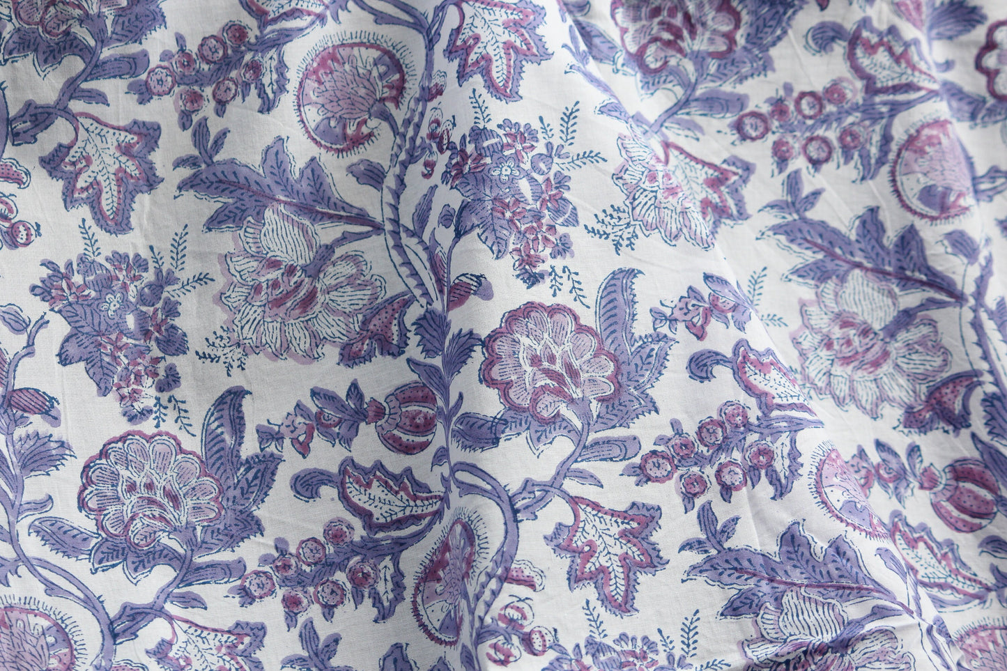 1 yard-Purple and pink floral hand printed cotton fabric-Purple, pink and mauve floral vines -girls dress fabric/quilting/decor