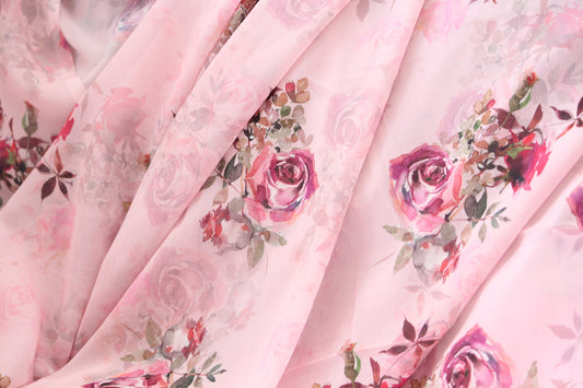 1 yard-Blush pink chiffon-Gorgeous watercolor look roses printed organza fabric-floral fabric-bridesmaid fabric-lingerie chiffon print