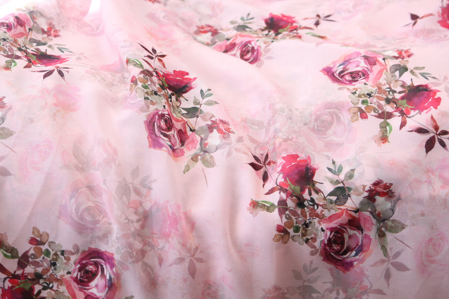 1 yard-Blush pink chiffon-Gorgeous watercolor look roses printed organza fabric-floral fabric-bridesmaid fabric-lingerie chiffon print