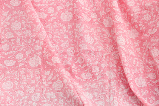 1 yard-Candy pink floral hand printed cotton fabric-Monotone pink and white floral vines -girls dress fabric/quilting/decor