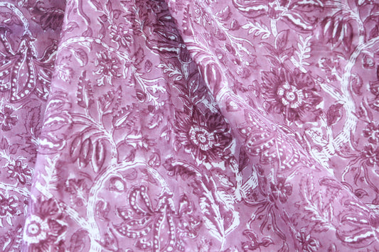 1 yard-Mauve rose cotton floral print with purple, mauve flowers hand block printed on blush mauve pink- kids home decor baby printed cotton