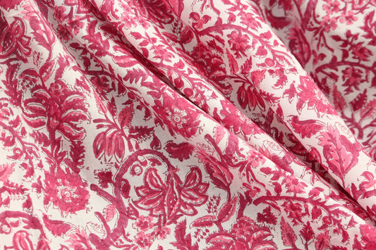 1 yard-fuchsia and red floral hand printed cotton fabric-Monotone pink red floral vines on white background-girls dress fabric-quilting