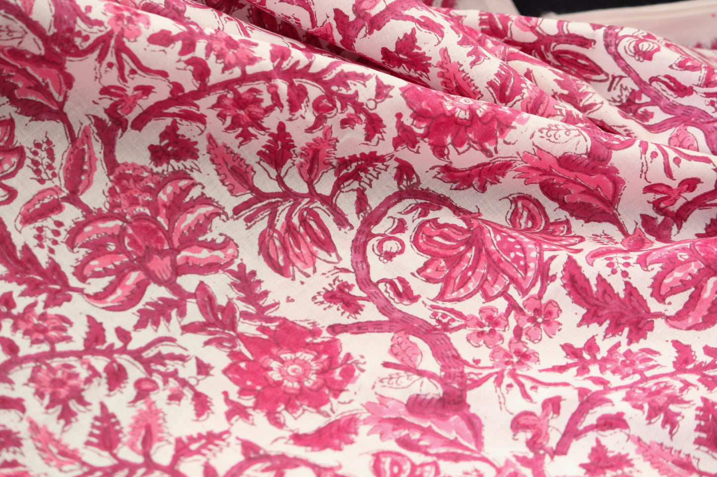 1 yard-fuchsia and red floral hand printed cotton fabric-Monotone pink red floral vines on white background-girls dress fabric-quilting