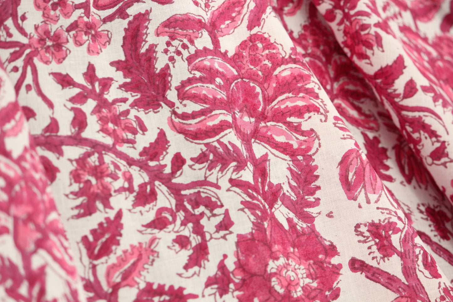 1 yard-fuchsia and red floral hand printed cotton fabric-Monotone pink red floral vines on white background-girls dress fabric-quilting