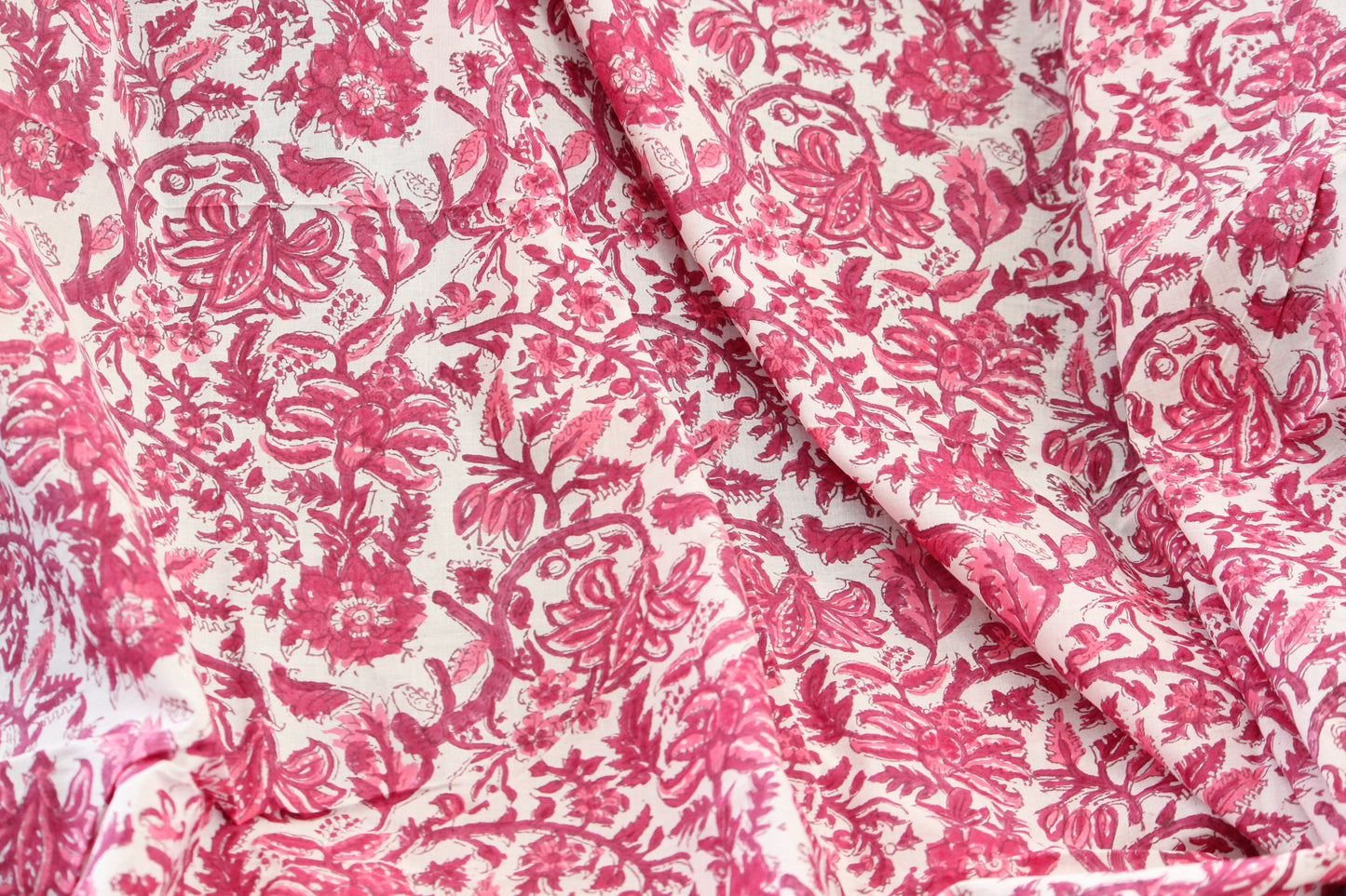 1 yard-fuchsia and red floral hand printed cotton fabric-Monotone pink red floral vines on white background-girls dress fabric-quilting