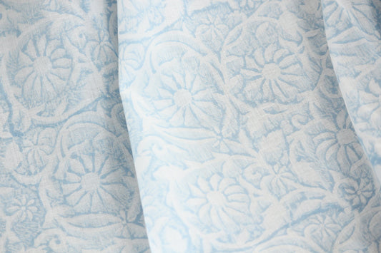 1 yard-Baby blue abstract floral hand printed cotton fabric-light blue floral motifs-cotton floral print -girls dress fabric/quilting/decor