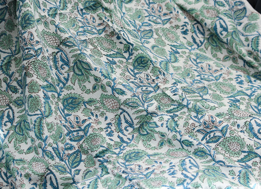 1 yard-Blue and Green floral hand printed cotton fabric- vine floral print-cotton floral print -fashion girls dress fabric/quilting/decor