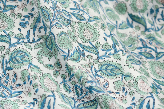 1 yard-Blue and Green floral hand printed cotton fabric- vine floral print-cotton floral print -fashion girls dress fabric/quilting/decor