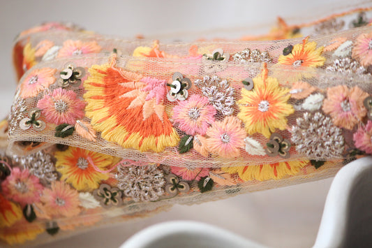 1 yard-Yellow Orange floral thread embroidery ribbon on mesh fabric-peach, baby pink and metal thread-sequin highlights