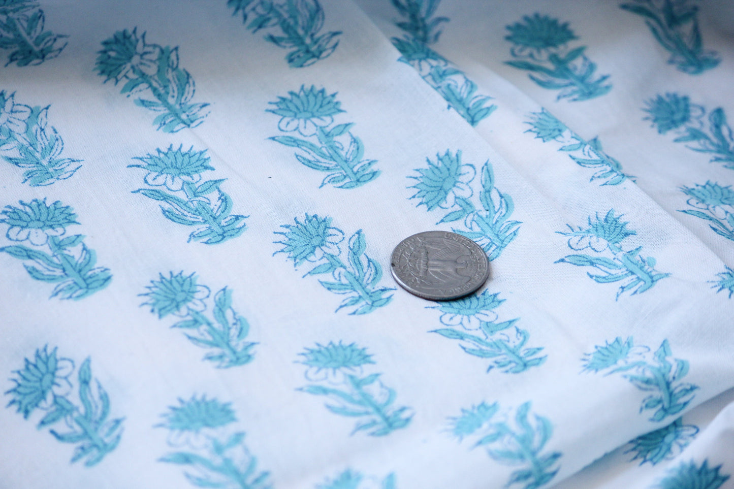 1 yard-Blue floral motif hand printed cotton fabric-motif print on white background-floral print -fashion girls dress fabric/quilting/decor