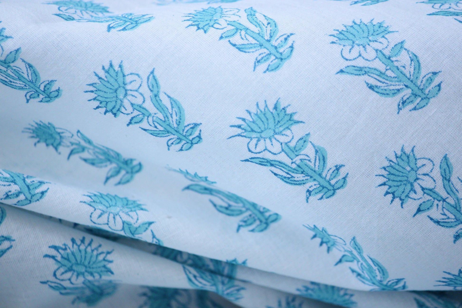 1 yard-Blue floral motif hand printed cotton fabric-motif print on white background-floral print -fashion girls dress fabric/quilting/decor