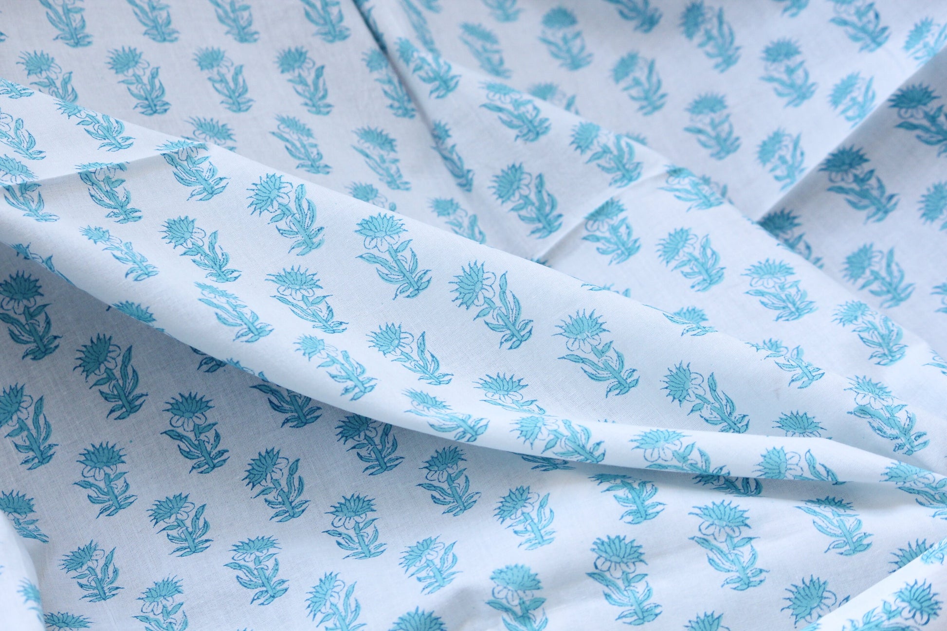 1 yard-Blue floral motif hand printed cotton fabric-motif print on white background-floral print -fashion girls dress fabric/quilting/decor