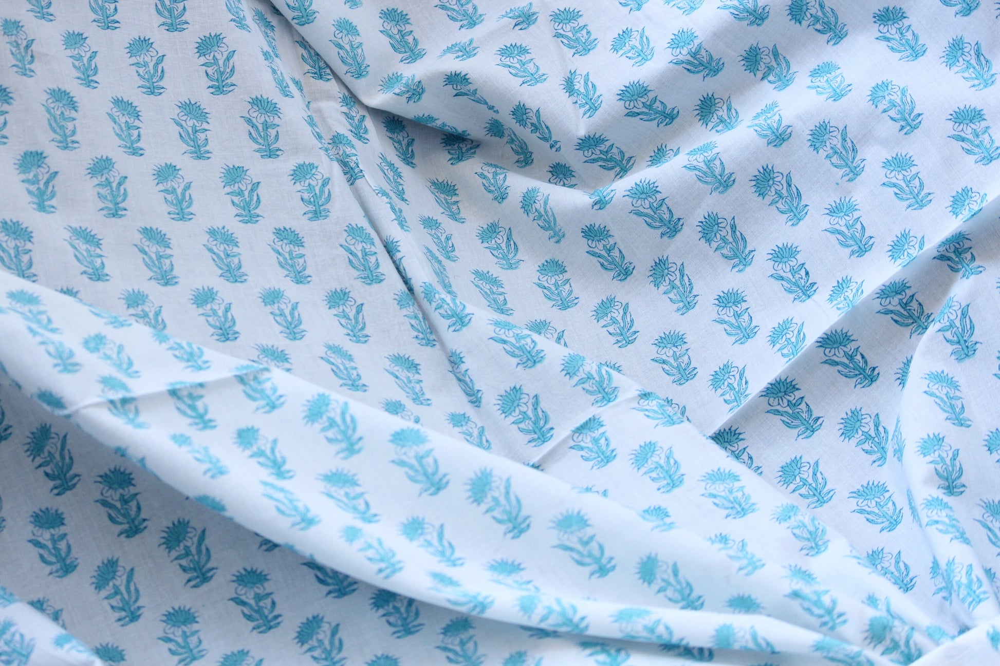 1 yard-Blue floral motif hand printed cotton fabric-motif print on white background-floral print -fashion girls dress fabric/quilting/decor