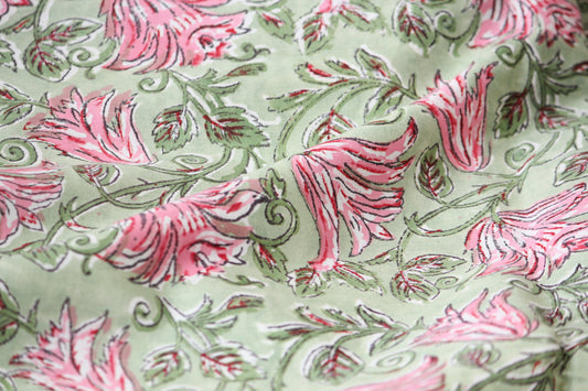 1 yard-Green pink floral motif hand printed cotton fabric-rose pink floral print with green leaves-fashion girls dress fabric/quilting/decor
