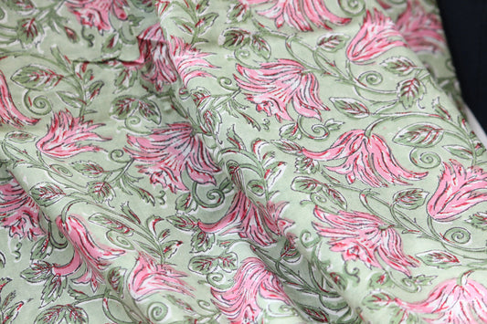 1 yard-Green pink floral motif hand printed cotton fabric-rose pink floral print with green leaves-fashion girls dress fabric/quilting/decor