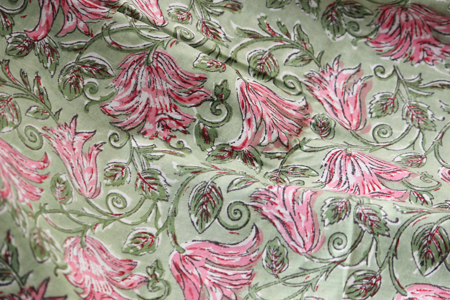 1 yard-Green pink floral motif hand printed cotton fabric-rose pink floral print with green leaves-fashion girls dress fabric/quilting/decor