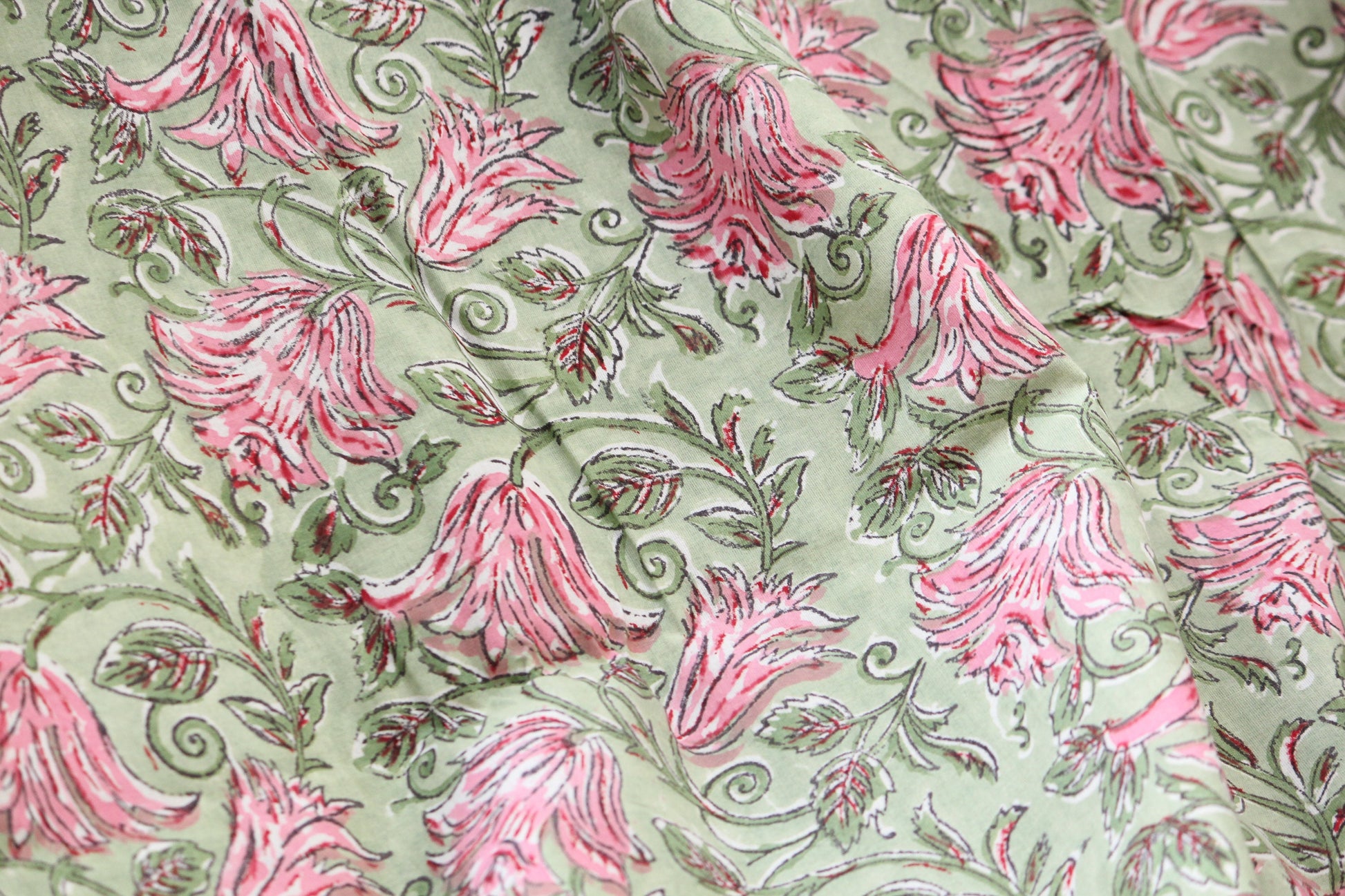 1 yard-Green pink floral motif hand printed cotton fabric-rose pink floral print with green leaves-fashion girls dress fabric/quilting/decor