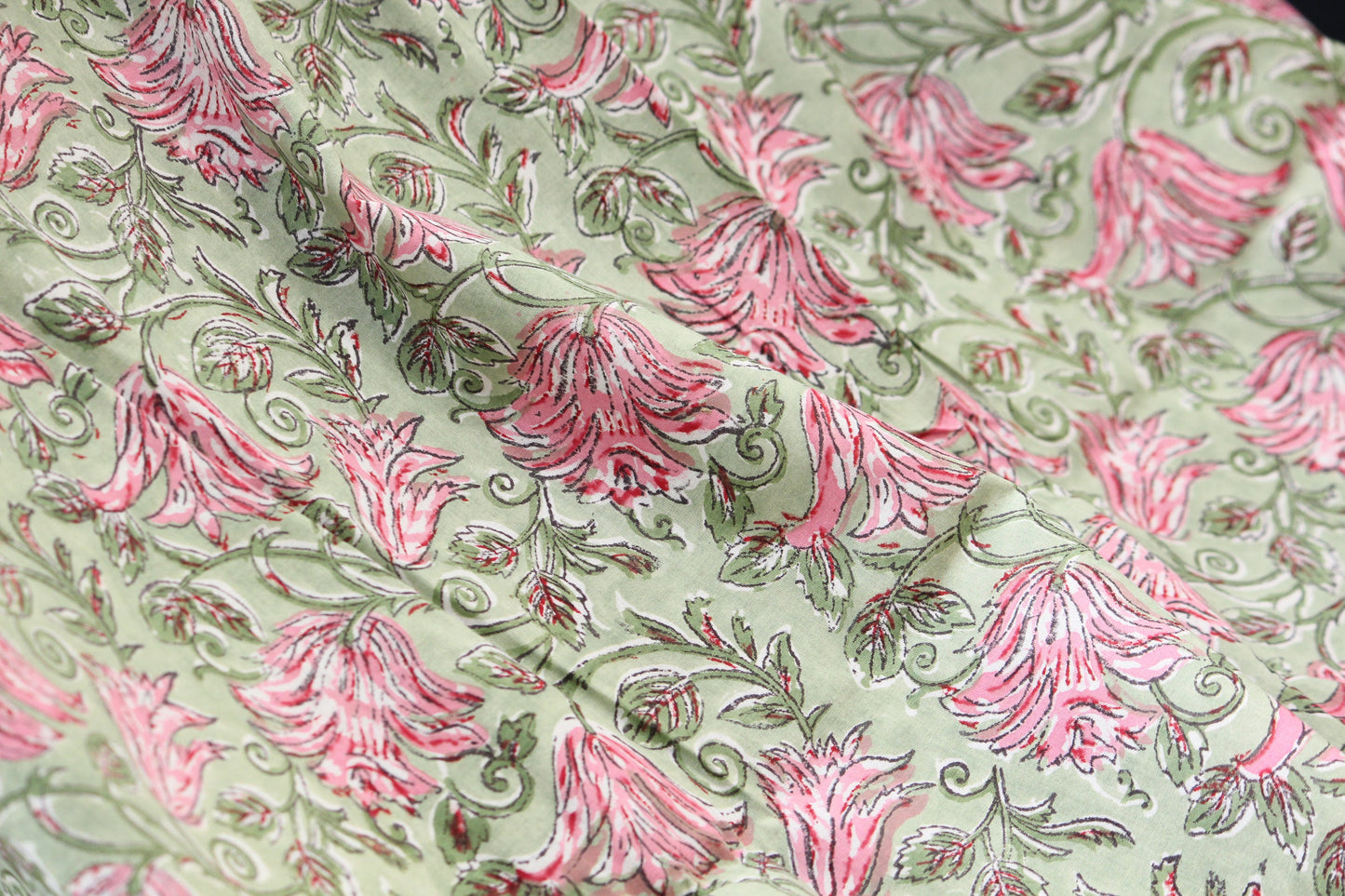 1 yard-Green pink floral motif hand printed cotton fabric-rose pink floral print with green leaves-fashion girls dress fabric/quilting/decor