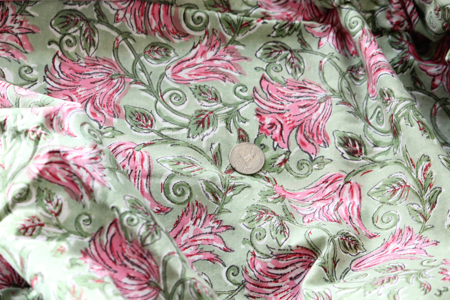 1 yard-Green pink floral motif hand printed cotton fabric-rose pink floral print with green leaves-fashion girls dress fabric/quilting/decor