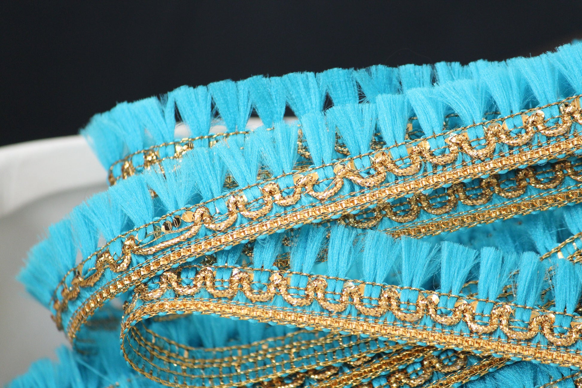 Blue tassel ribbon with metallic gold trim – gildedthreads