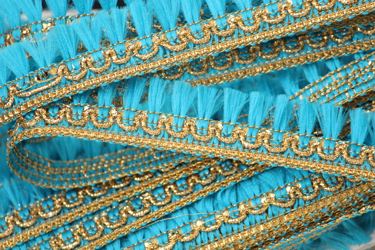 1 yard- Blue tassel ribbon with metallic gold trim-woven Indian embroidery ribbon-boho ribbon -gift wrap decorative trim- wedding ribbon