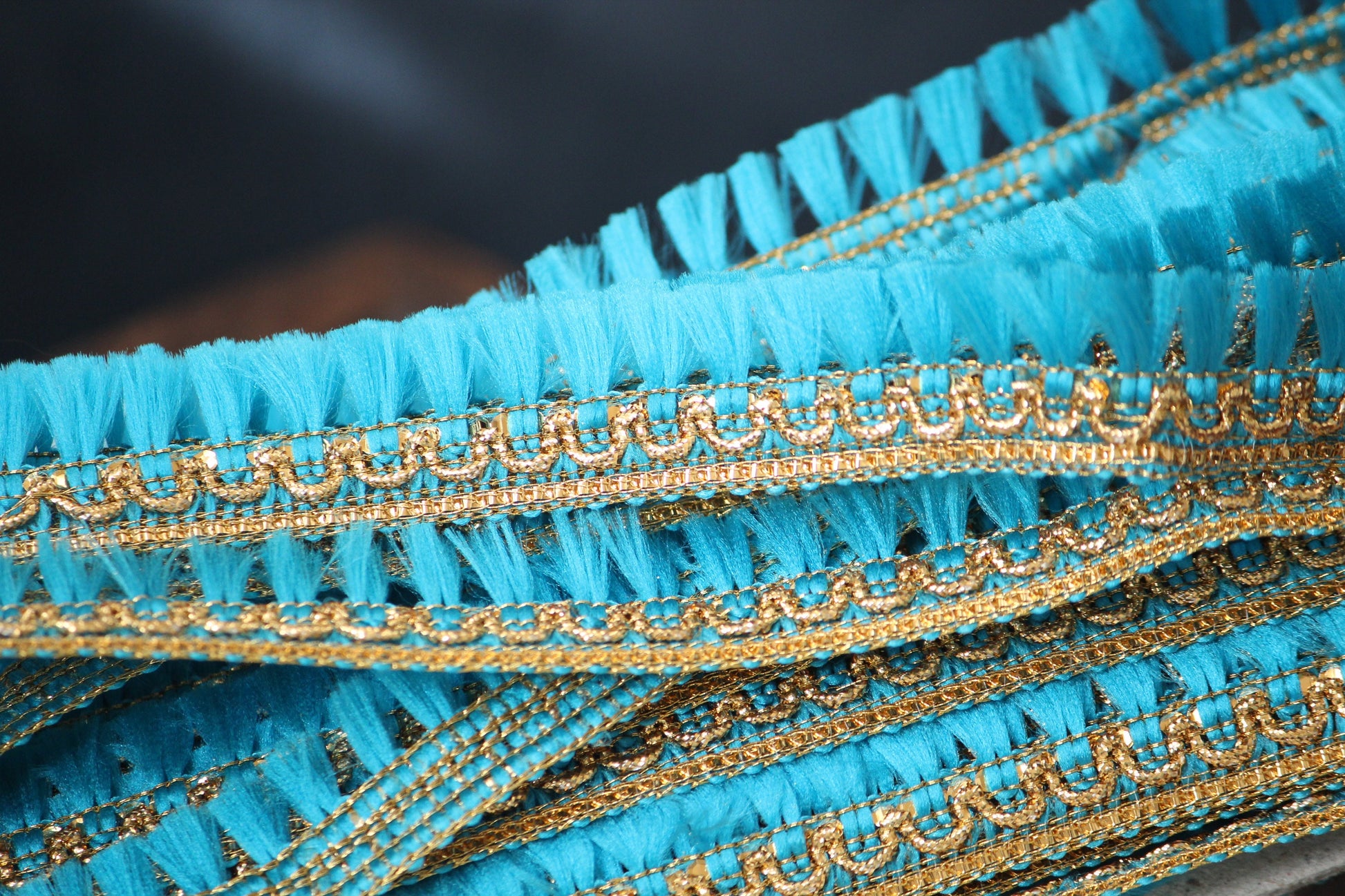 1 yard- Blue tassel ribbon with metallic gold trim-woven Indian embroidery ribbon-boho ribbon -gift wrap decorative trim- wedding ribbon