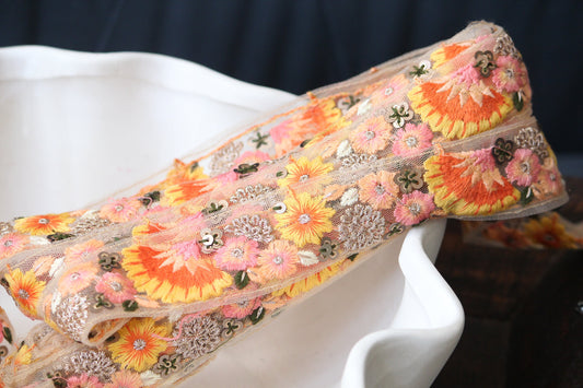 1 yard-Yellow Orange floral thread embroidery ribbon on mesh fabric-peach, baby pink and metal thread-sequin highlights