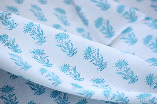 1 yard-Blue floral motif hand printed cotton fabric-motif print on white background-floral print -fashion girls dress fabric/quilting/decor