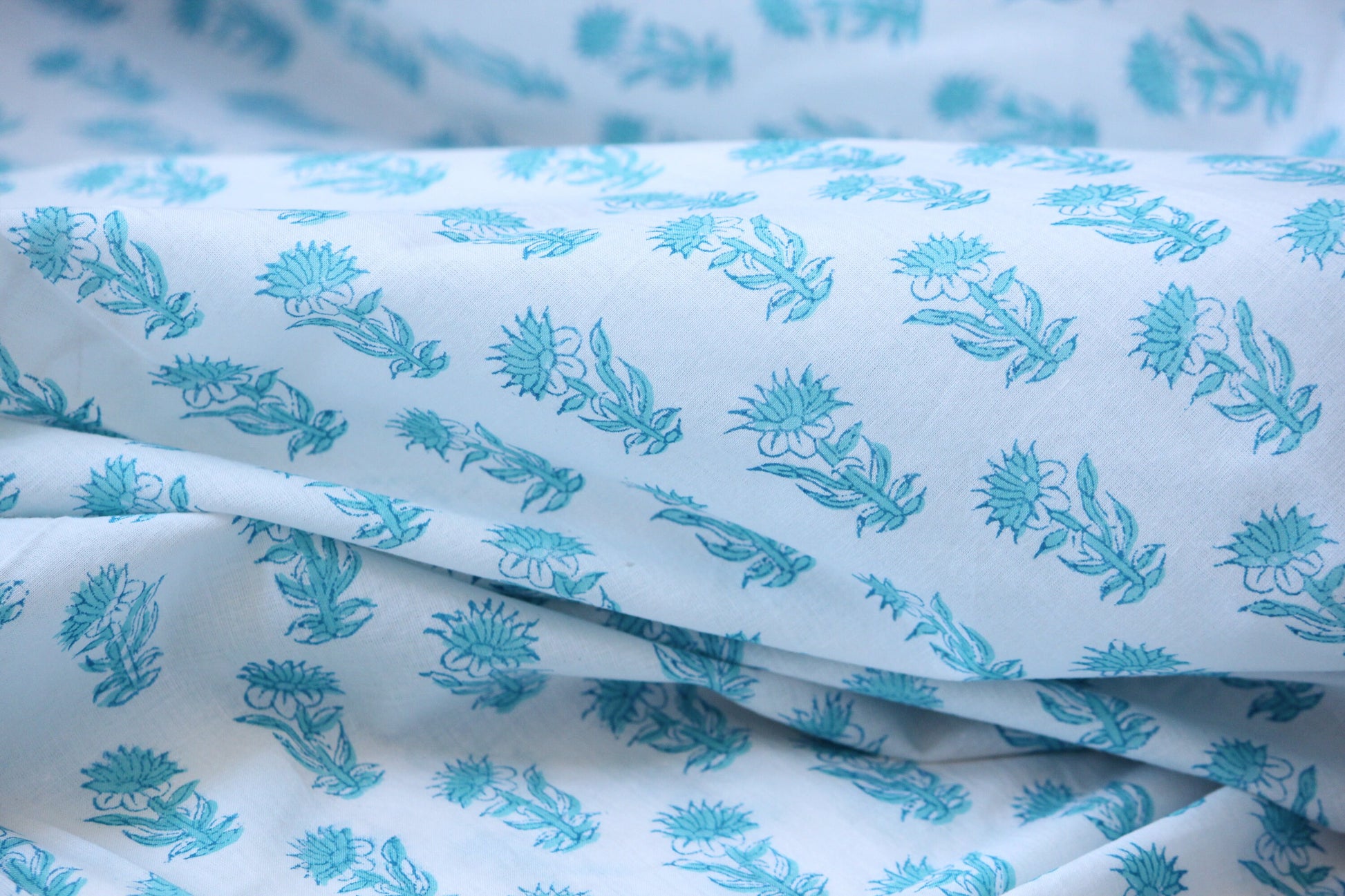 1 yard-Blue floral motif hand printed cotton fabric-motif print on white background-floral print -fashion girls dress fabric/quilting/decor