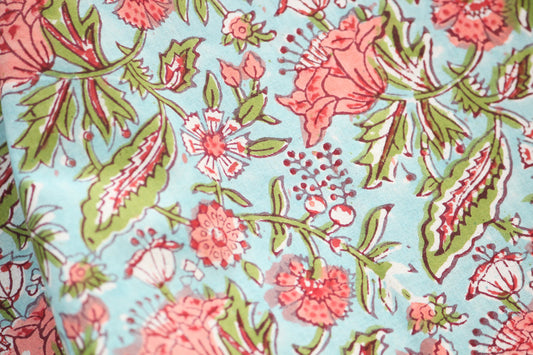 1 yard-Aqua Blue floral motif hand printed cotton fabric-salmon floral print with green leaves-fashion girls dress fabric/quilting/decor
