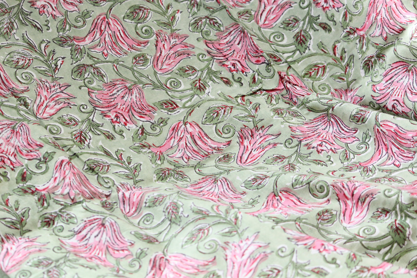 1 yard-Green pink floral motif hand printed cotton fabric-rose pink floral print with green leaves-fashion girls dress fabric/quilting/decor