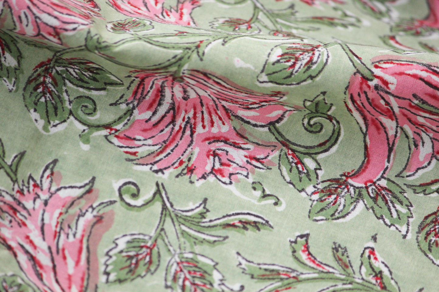 1 yard-Green pink floral motif hand printed cotton fabric-rose pink floral print with green leaves-fashion girls dress fabric/quilting/decor