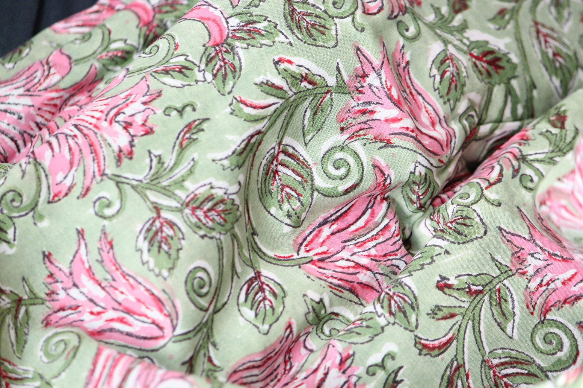 1 yard-Green pink floral motif hand printed cotton fabric-rose pink floral print with green leaves-fashion girls dress fabric/quilting/decor