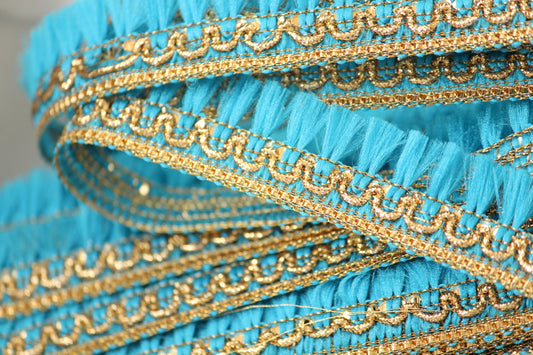 1 yard- Blue tassel ribbon with metallic gold trim-woven Indian embroidery ribbon-boho ribbon -gift wrap decorative trim- wedding ribbon