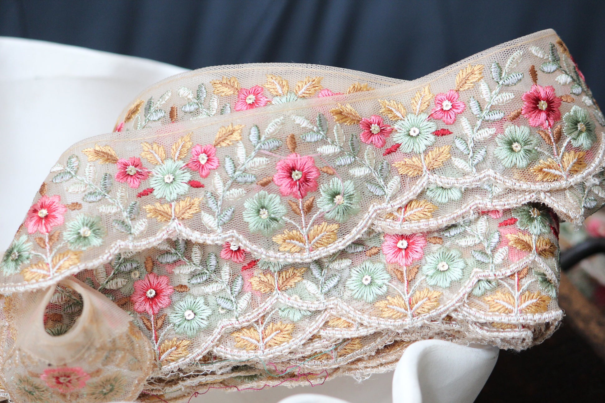 1 yard-Rose pink, sage green floral thread embroidery ribbon on mesh fabric-dark rose, sage green, yellow with green leaf-sequin highlights