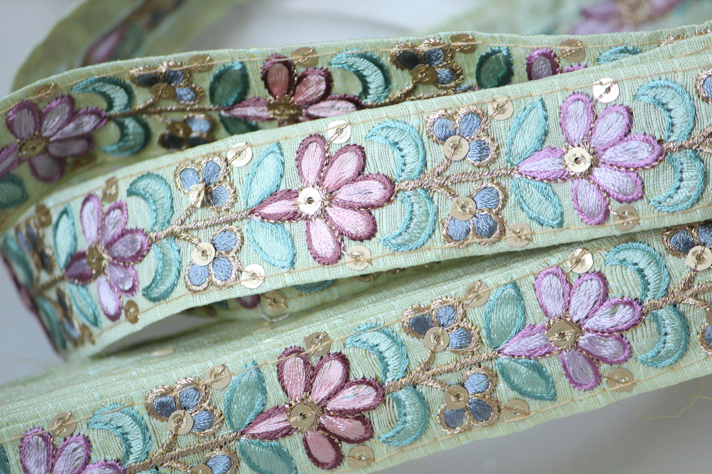 1 yard-Pastel mint floral thread embroidery extra wide ribbon on grey mesh fabric-lavender purple, green and blue thread embroidery