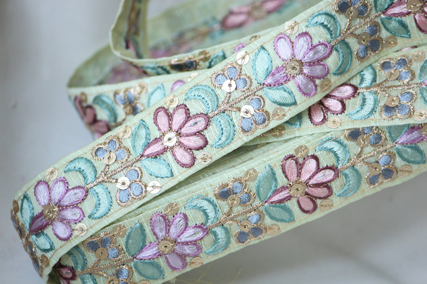 1 yard-Pastel mint floral thread embroidery extra wide ribbon on grey mesh fabric-lavender purple, green and blue thread embroidery