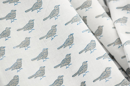 1 yard-Beige navy bird motif hand printed cotton fabric-sparrow bird print with off white background-girls dress fabric/quilting/decor