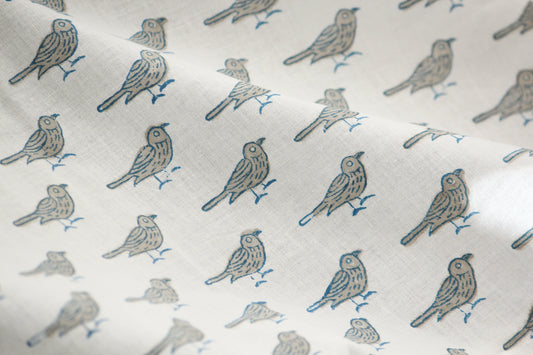 1 yard-Beige navy bird motif hand printed cotton fabric-sparrow bird print with off white background-girls dress fabric/quilting/decor