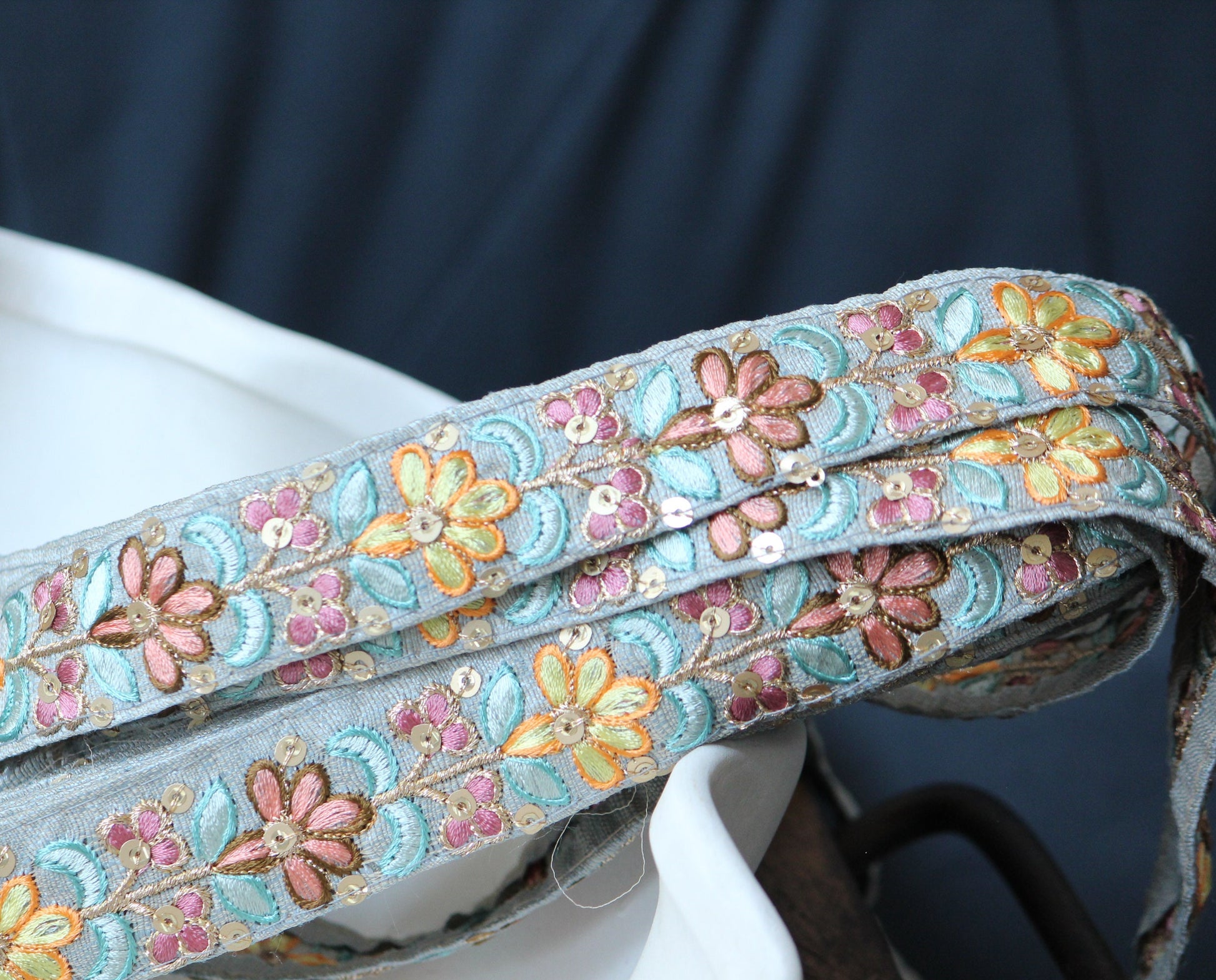 1 yard-Pastel grey floral thread embroidery ribbon on grey dupioni fabric-orange, peach, brown, pink, yellow and blue thread embroidery