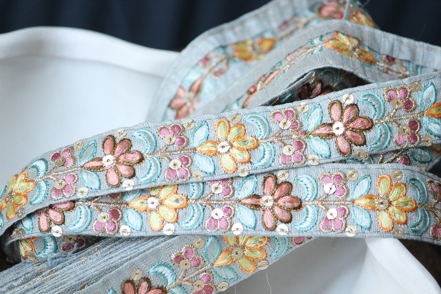 1 yard-Pastel grey floral thread embroidery ribbon on grey dupioni fabric-orange, peach, brown, pink, yellow and blue thread embroidery