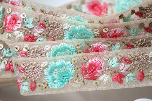 1 yard-Aqua and pink floral thread embroidery ribbon on mesh fabric-baby pink, gold thread embroidery and sequin highlight/ribbons for bow