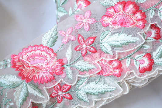 1 yard-Salmon pink floral thread embroidery ribbon on mesh fabric with scallop edge-Salmon pink, and green leaf floral trim