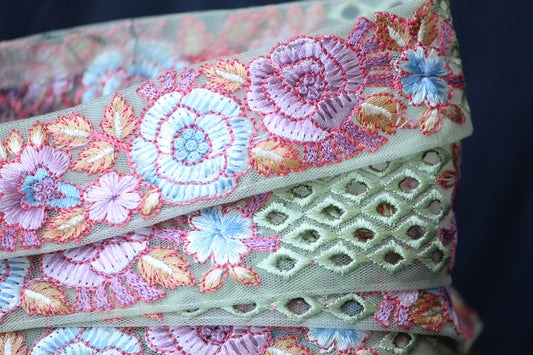 1 yard-Mint green floral thread embroidery ribbon on mesh fabric with scallop edge-sky blue, lavender and yellow orange leaf floral trim