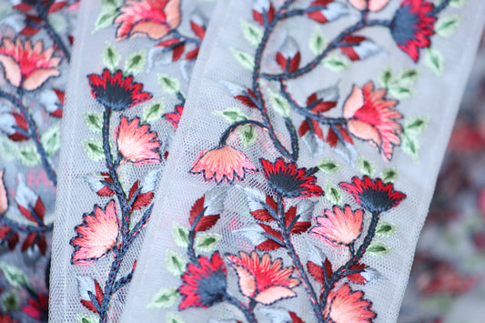 1 yard-Dove grey blue floral thread embroidery ribbon on mesh fabric-extra wide-red, navy light blue and peach with green leaf floral trim